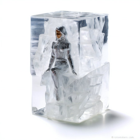 Figurine of a man in an ice cube on a white backgroundの素材