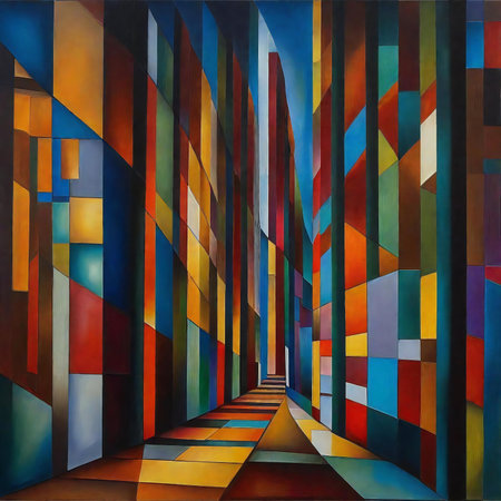 Abstract illustration of a corridor with colorful geometric pattern.の素材