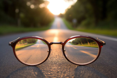 Eyeglasses on the asphalt road in the forest at sunset.の素材