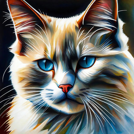 Siberian cat with blue eyes. Digital painting on canvas.の素材