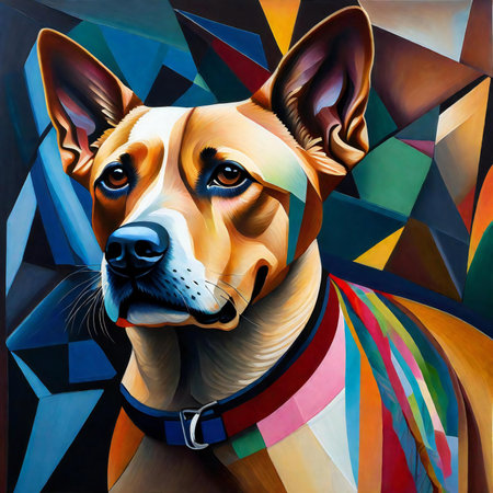 Portrait of a dog with a multicolored background in the style of stained glassの素材