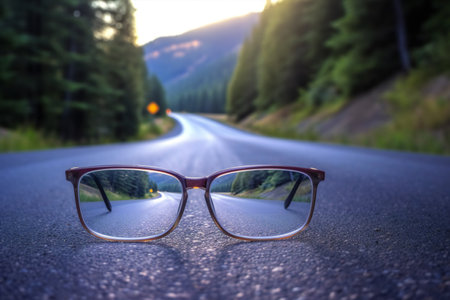 Glasses on the asphalt road in the mountains at sunset. Travel conceptの素材