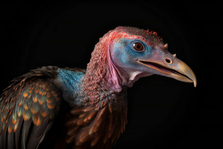 Portrait of a turkey isolated on black background. Close-up.の素材