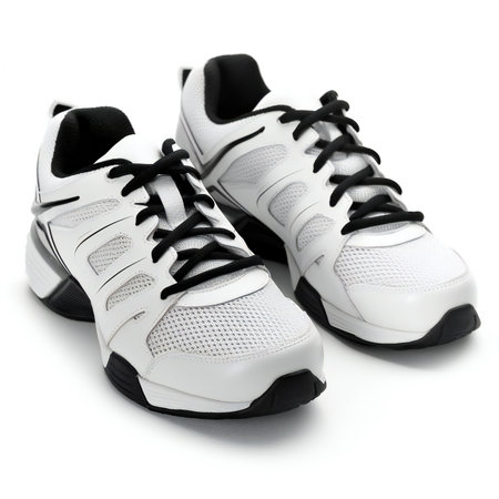 Pair of white running shoes isolated on white backgroundの素材