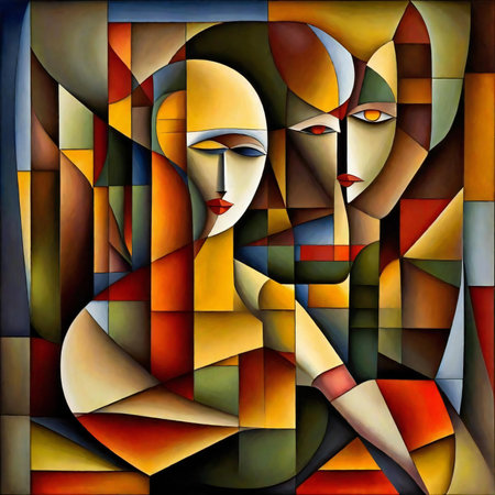 abstract colorful stained-glass window with a woman and a manの素材
