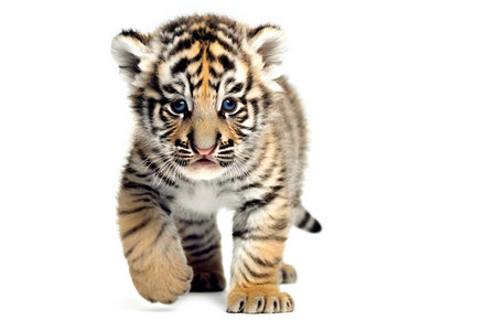 Cute little tiger cub isolated on white background. Studio shot.の素材