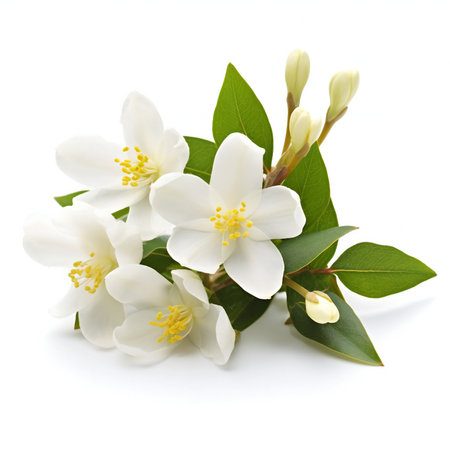 Jasmine flowers with leaves isolated on white background cutout.の素材