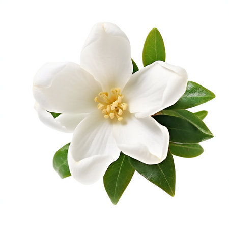 White jasmine flower with green leaves isolated on white background.の素材
