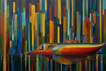 Oil painting on canvas of a boat in the sea, abstract backgroundの素材