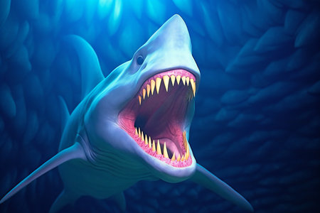 Great white shark in deep blue ocean. illustration. Underwater world.の素材