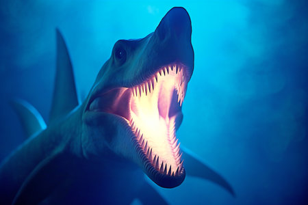 Dinosaur head with sharp teeth in dark blue water.の素材