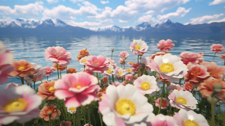 Beautiful spring flowers on the background of the mountains and the lakeの素材