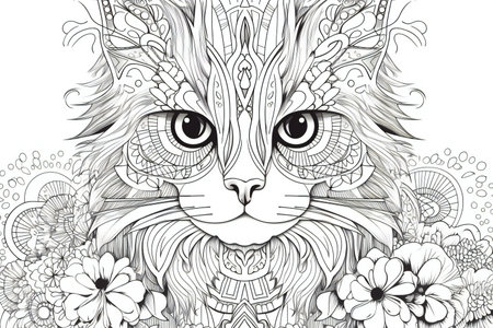 Cat with floral pattern. Black and white illustration for coloring book.の素材