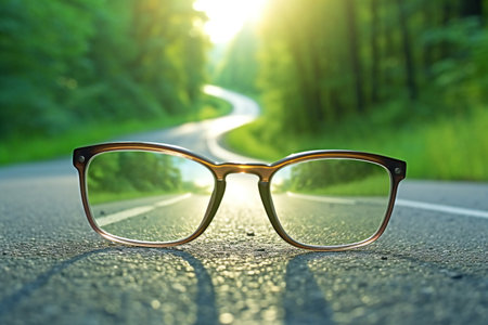 Glasses on the asphalt road in the forest. Selective focusの素材