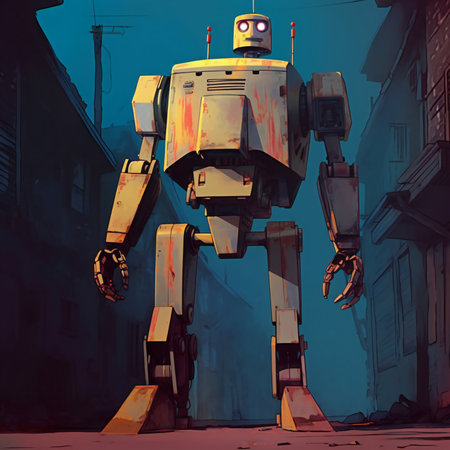 Fantasy illustration of a robot in a city street at night.の素材
