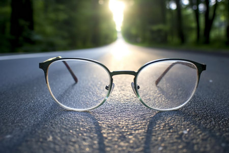 Glasses on the asphalt road in the forest with sun rays.の素材