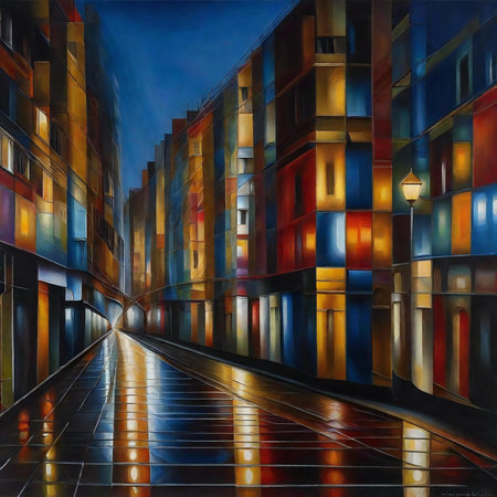 Digital painting of a street in the city at night, digital paintingの素材