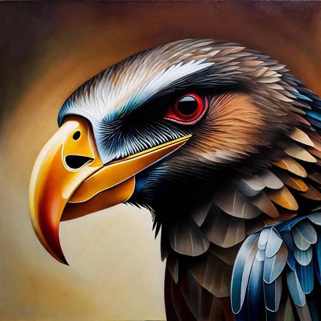 Portrait of an eagle with red eyes and beak on a dark backgroundの素材
