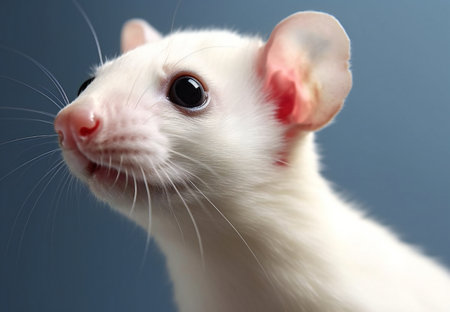 Portrait of a white rat close-up on a blue backgroundの素材
