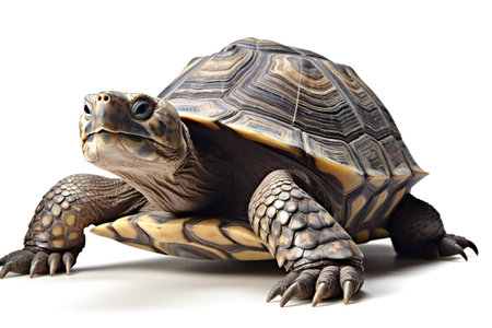 Tortoise isolated on white background. Side view. Studio shot.の素材