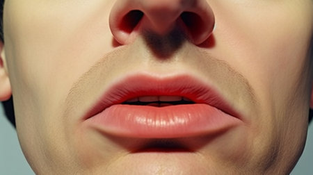 Close-up of woman lips with red lipstick. Beautiful female lipsの素材