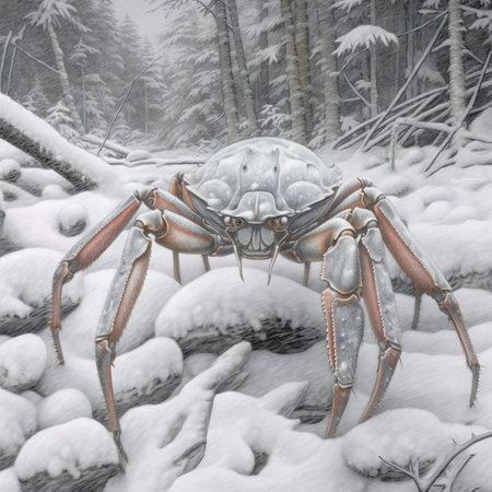 a snow crab in a winter forest scene.の素材
