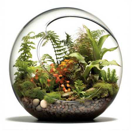 Transparent glass florarium with a variety of plants and flowersの素材