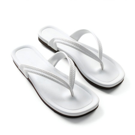 Pair of white flip flops isolated on a white background.の素材