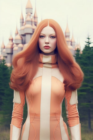 Redhead girl with long hair in an orange dress on the background of the castleの素材