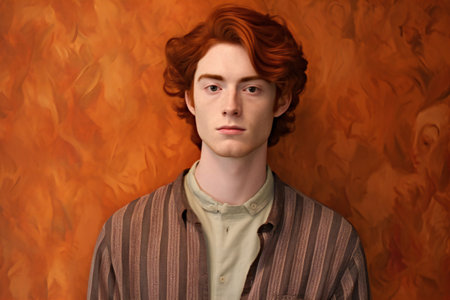 Portrait of a handsome young man with red hair on a wooden backgroundの素材