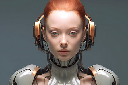 Portrait of a female robot with headphones.の素材