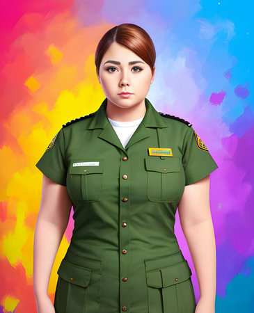 Portrait of a beautiful woman in a military uniform on a colorful background.の素材