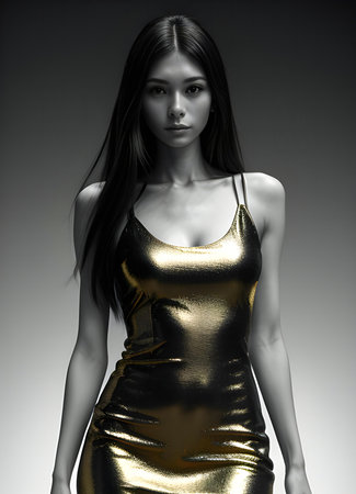 Beautiful young woman in a golden dress on a gray background.の素材
