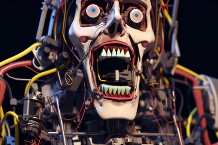 Futuristic robot with teeth and electric wires.の素材