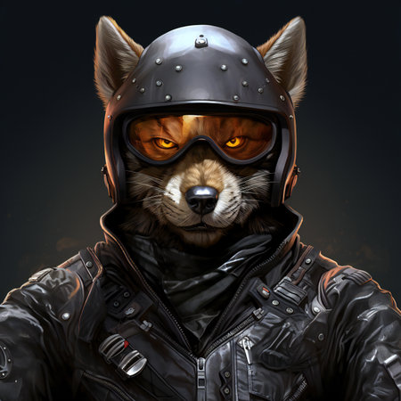 Portrait of a fox in a leather jacket with a helmet.の素材