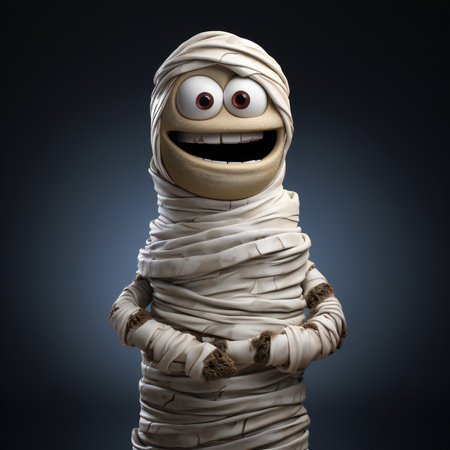 Funny mummy in mummy costume on dark background. Halloween concept.の素材