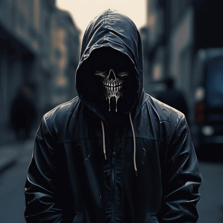 Hooded man in a black jacket and hood on the streetの素材