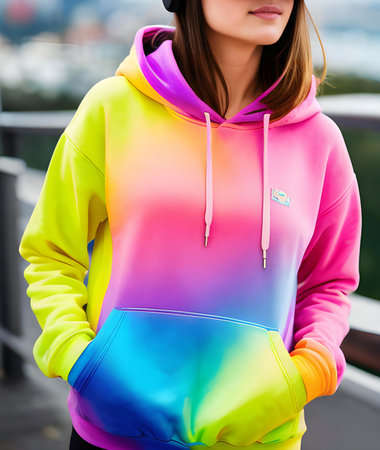 Close-up of sportswoman in colorful hoodie standing on bridgeの素材