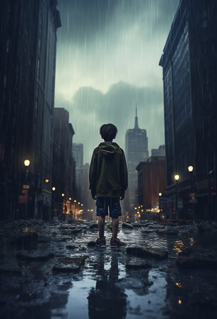 Little boy standing in rain puddle and looking at skyscrapersの素材