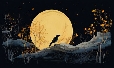 Night landscape with a crow in the moonlight.の素材