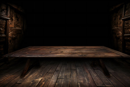 Wooden table and chair in the dark room.の素材