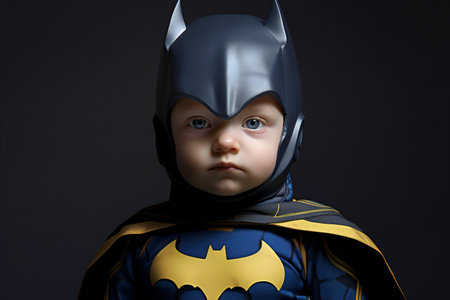 illustration of a little boy dressed as a superhero. Studio shot over dark background.の素材