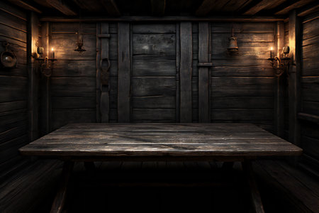 Empty wooden table in a dark room.の素材