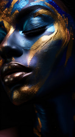 Close up portrait of a beautiful woman with golden bodyart. Beauty, fashion.の素材