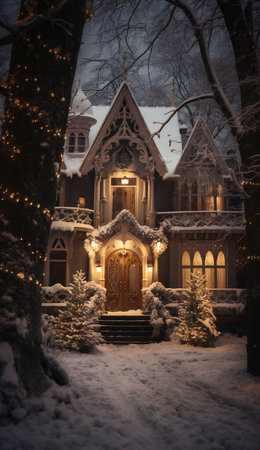 Beautiful wooden house decorated with Christmas lights and snow in winter.の素材