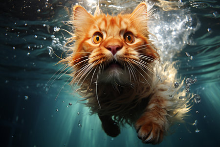 Cute ginger cat swimming in water. Fluffy pet in water.の素材