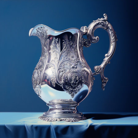 Vintage silver jug on blue background.の素材