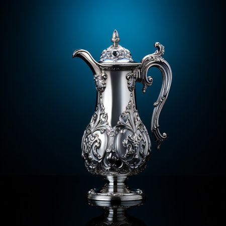 Silver oriental teapot on a dark blue background with reflectionの素材