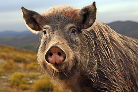 Portrait of a wild boar in the mountains, close-upの素材