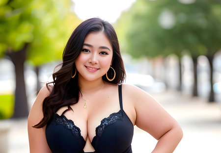 Beautiful asian woman in black lingerie on the street.の素材